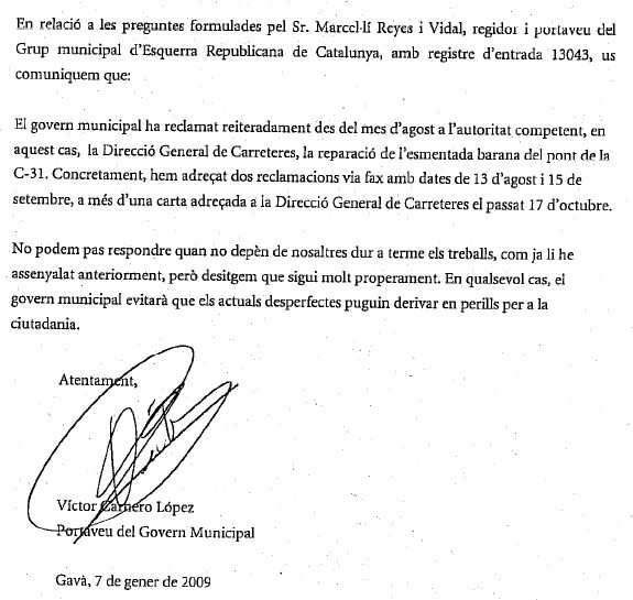 Resposta de l'Equip de Govern de l'Ajuntament de Gavà a la pregunta d'ERC sobre les gestions municipals per reparar la tanca malmesa del pont del Silvi's (7 de Gener de 2009)